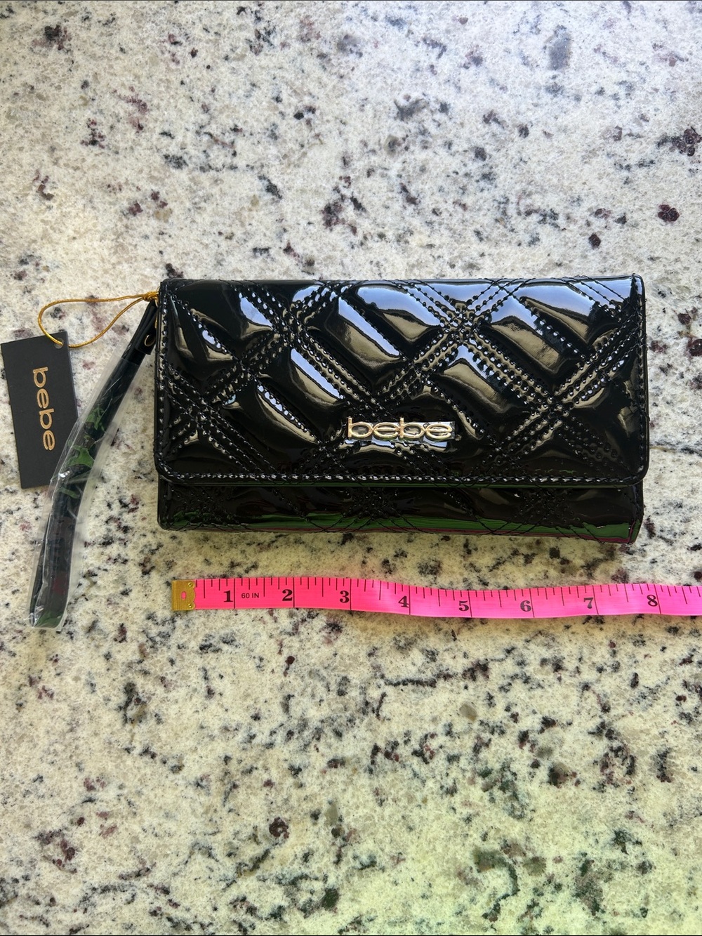bebe Black Quilted Patent Wristlet Clutch